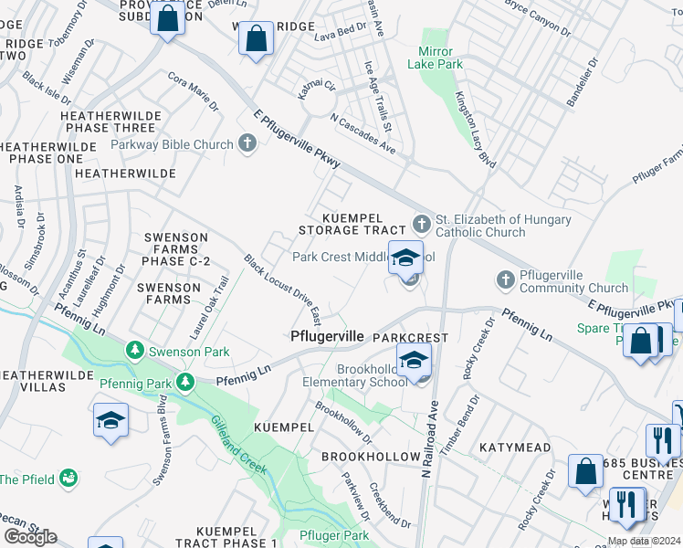 map of restaurants, bars, coffee shops, grocery stores, and more near 1106 Fox Sparrow Cove in Pflugerville