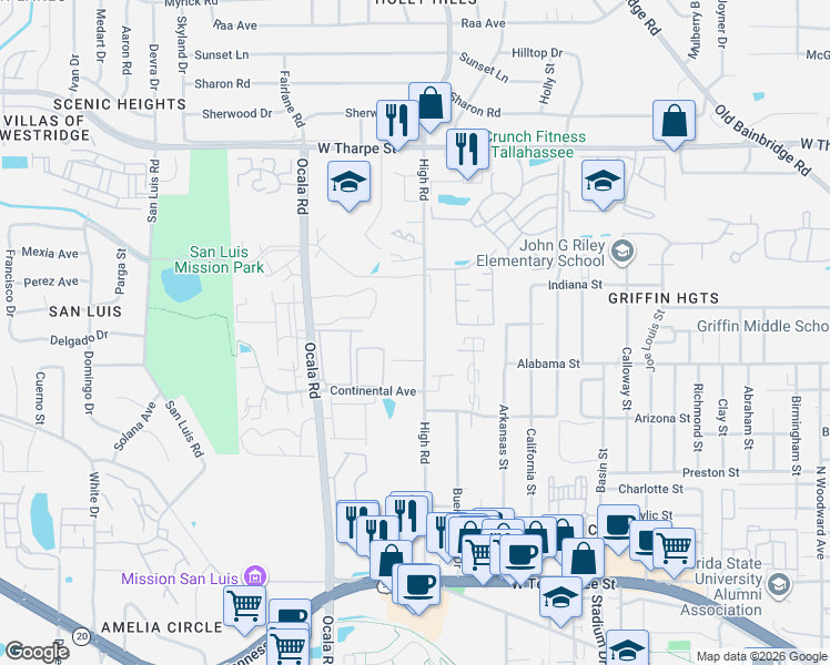 map of restaurants, bars, coffee shops, grocery stores, and more near 1272 High Road in Tallahassee