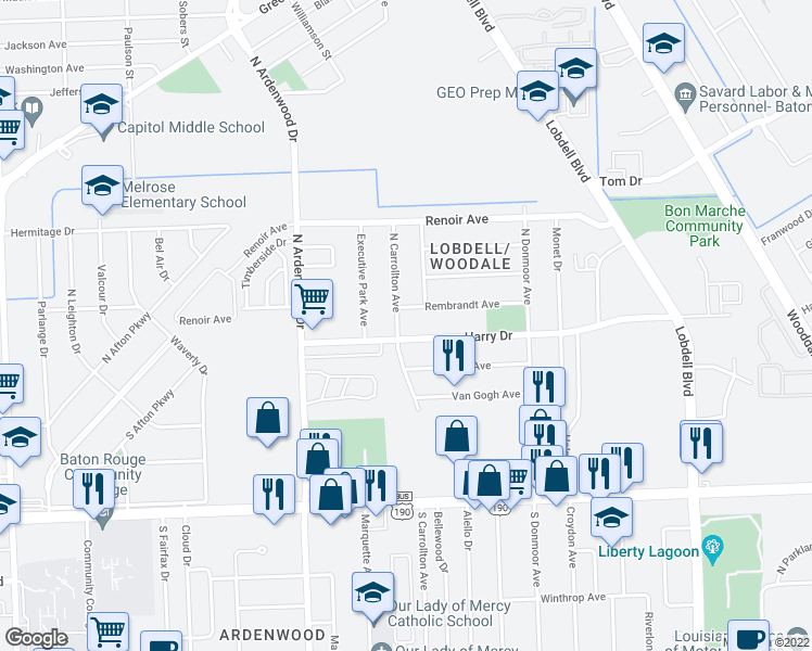 map of restaurants, bars, coffee shops, grocery stores, and more near 6537 Harry Drive in Baton Rouge