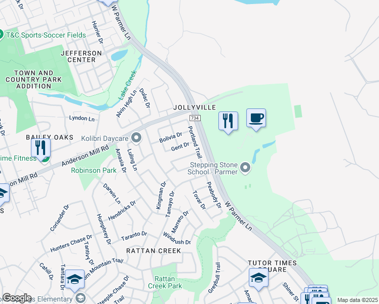 map of restaurants, bars, coffee shops, grocery stores, and more near 13452 Athens Trail in Austin
