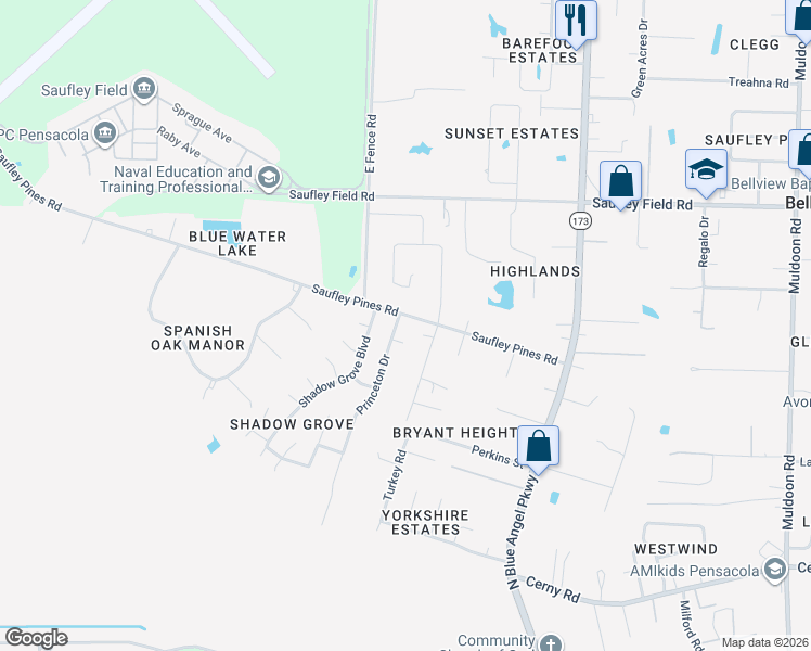 map of restaurants, bars, coffee shops, grocery stores, and more near 5945 Saufley Pines Road in Pensacola
