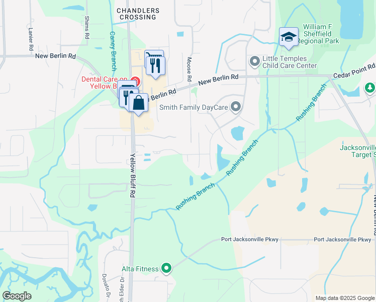 map of restaurants, bars, coffee shops, grocery stores, and more near 3267 Shadow Creek Road in Jacksonville