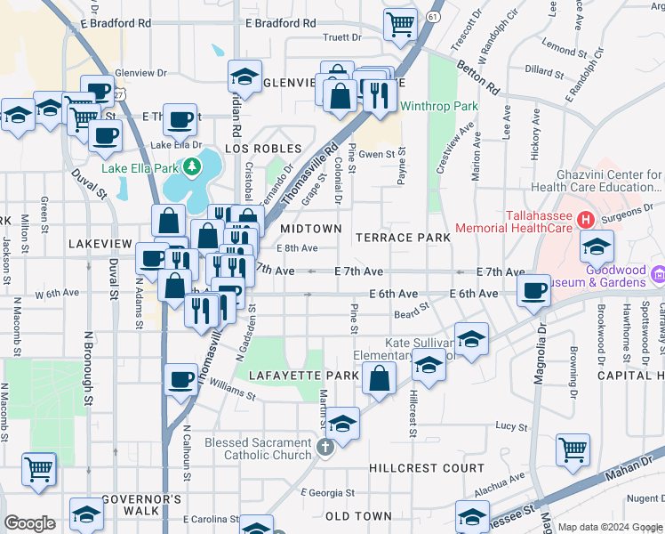 map of restaurants, bars, coffee shops, grocery stores, and more near 540 East 7th Avenue in Tallahassee