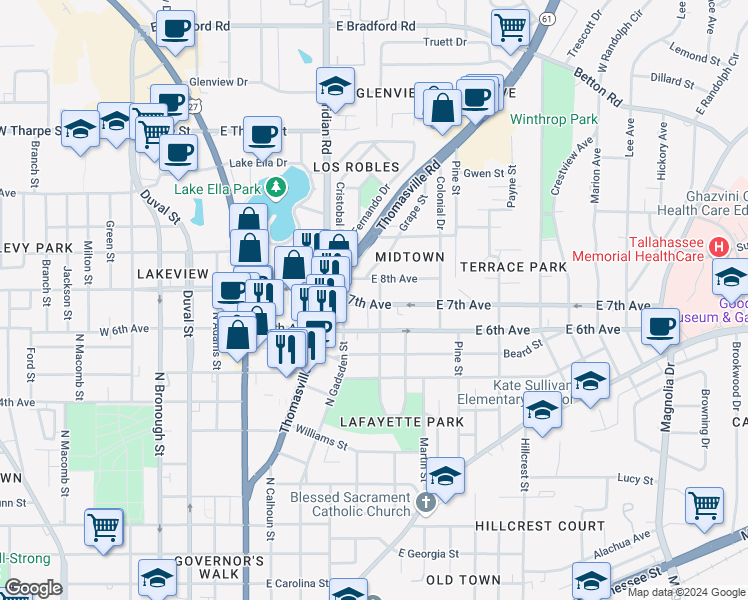 map of restaurants, bars, coffee shops, grocery stores, and more near 510 East 7th Avenue in Tallahassee