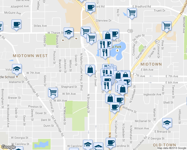 map of restaurants, bars, coffee shops, grocery stores, and more near 1332 North Duval Street in Tallahassee