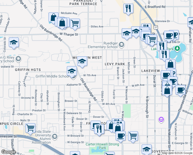 map of restaurants, bars, coffee shops, grocery stores, and more near 711 West 7th Avenue in Tallahassee