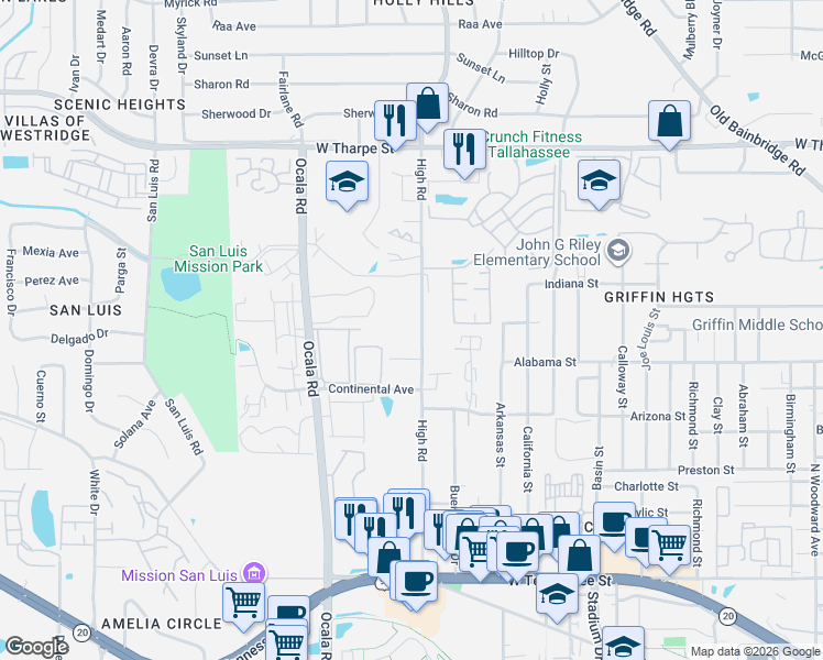 map of restaurants, bars, coffee shops, grocery stores, and more near 1272 High Road in Tallahassee