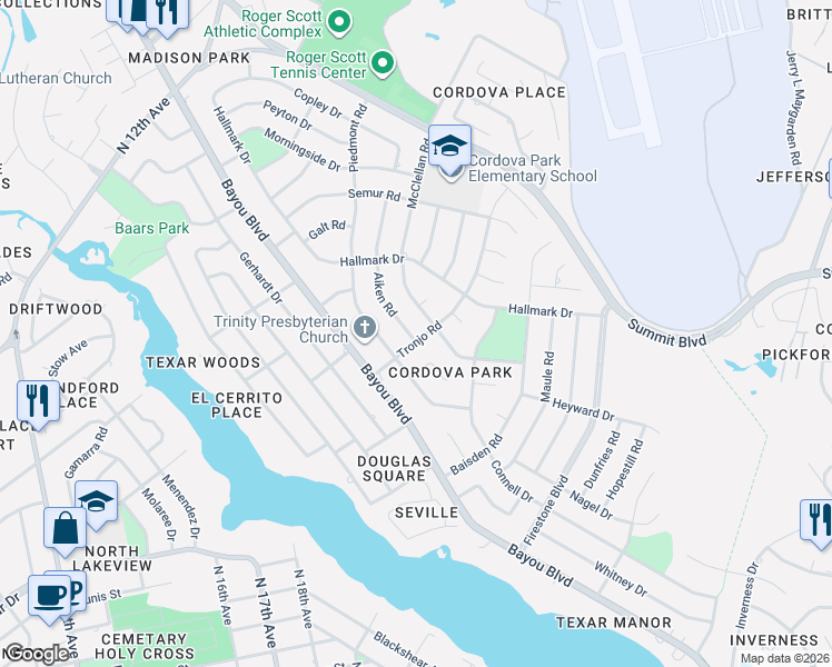 map of restaurants, bars, coffee shops, grocery stores, and more near 3950 Aiken Road in Pensacola