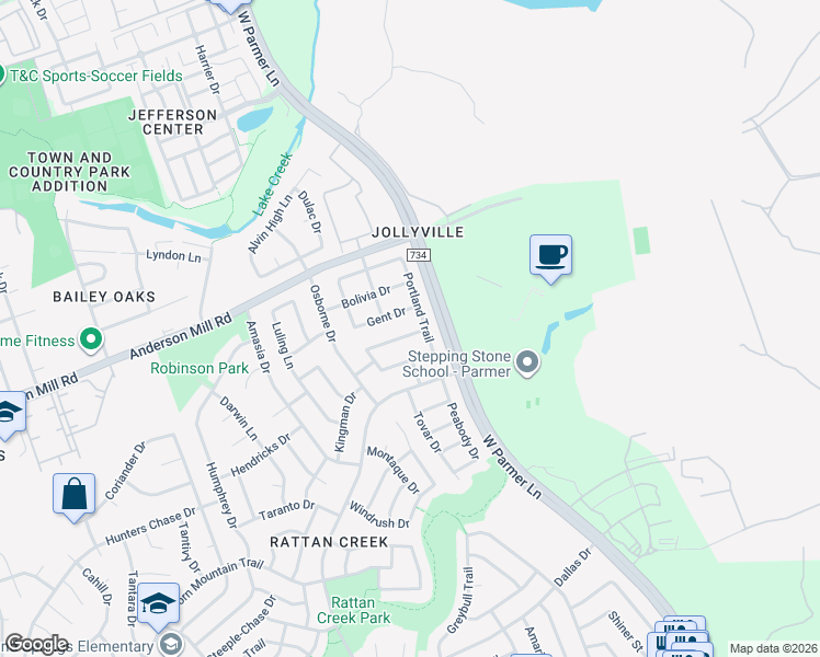 map of restaurants, bars, coffee shops, grocery stores, and more near 13452 Athens Trail in Austin