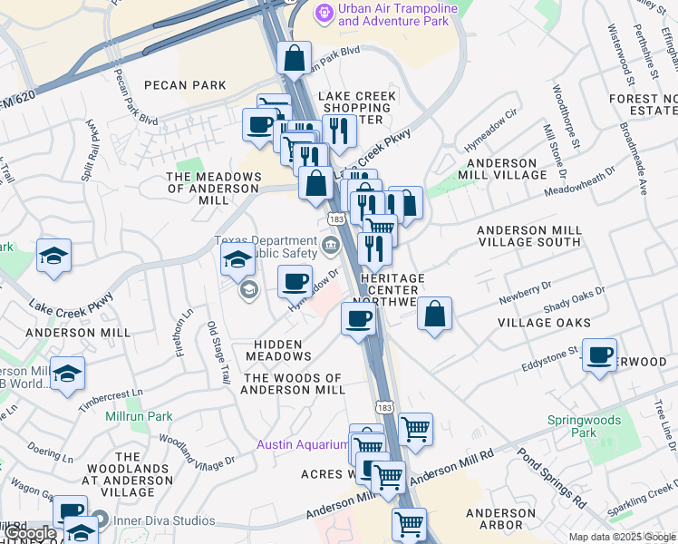 map of restaurants, bars, coffee shops, grocery stores, and more near 12430 Hymeadow Drive in Austin