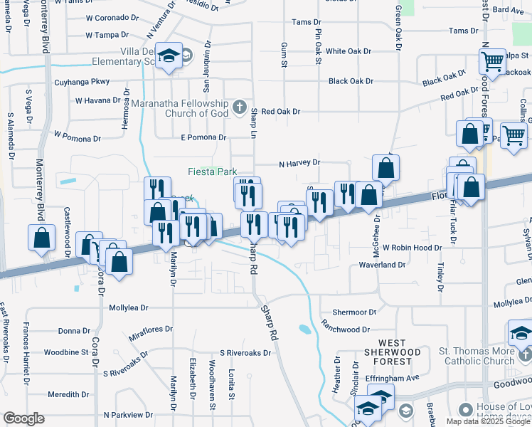 map of restaurants, bars, coffee shops, grocery stores, and more near 10127 Florida Boulevard in Baton Rouge
