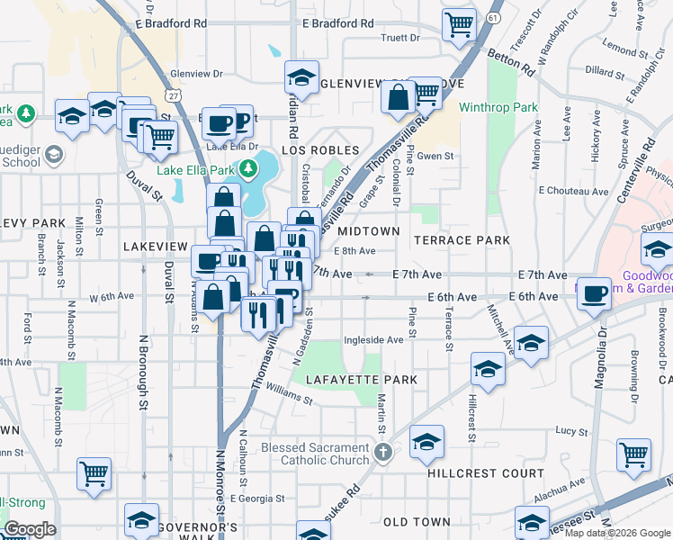 map of restaurants, bars, coffee shops, grocery stores, and more near 510 East 7th Avenue in Tallahassee