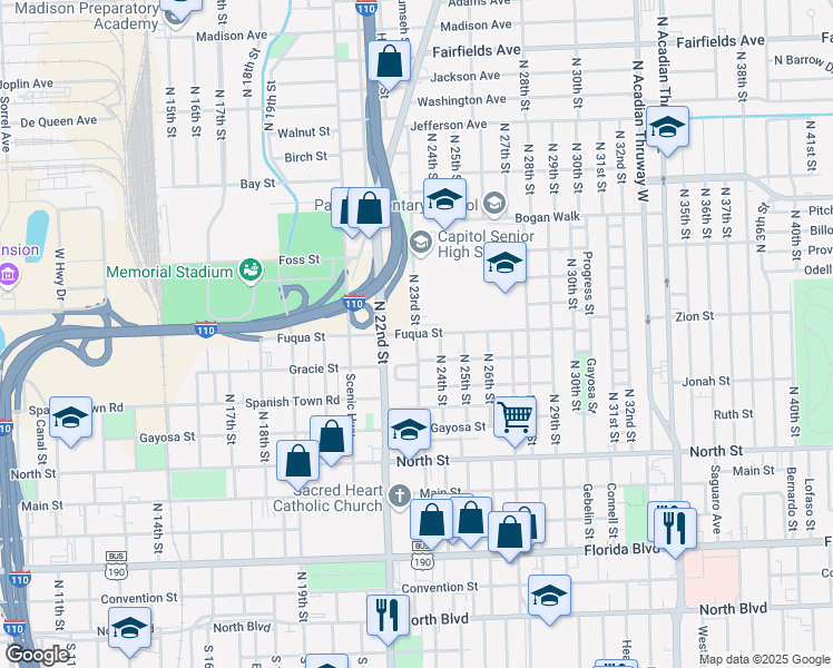 map of restaurants, bars, coffee shops, grocery stores, and more near 1000 North 23rd Street in Baton Rouge