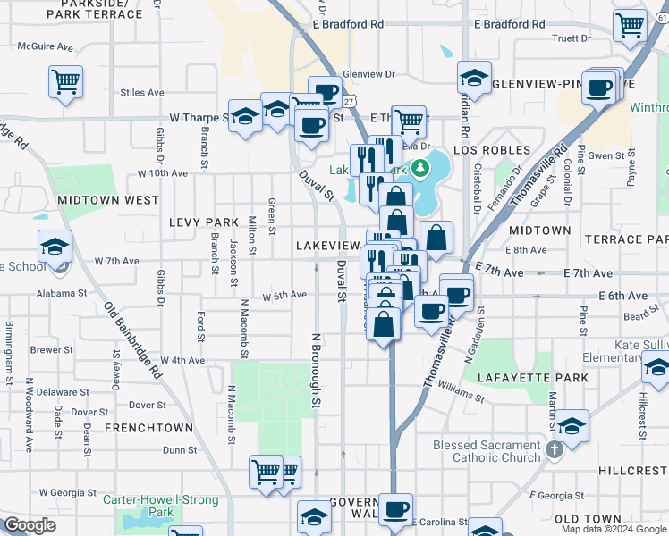 map of restaurants, bars, coffee shops, grocery stores, and more near 1332 North Duval Street in Tallahassee