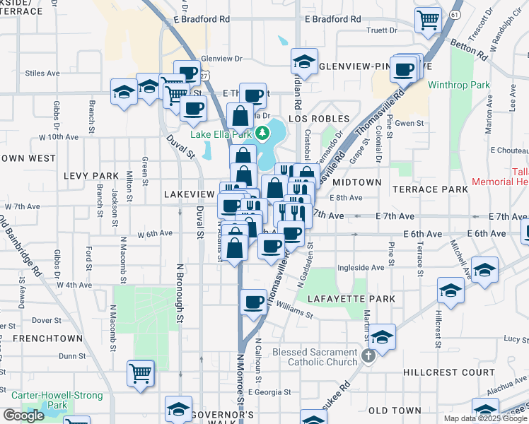 map of restaurants, bars, coffee shops, grocery stores, and more near 227 East 7th Avenue in Tallahassee