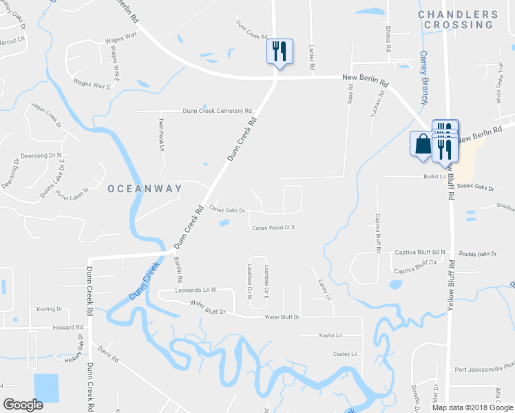 map of restaurants, bars, coffee shops, grocery stores, and more near 2361 Caney Oaks Drive in Jacksonville