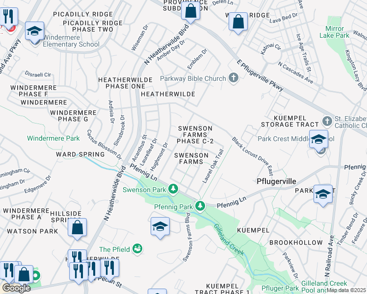 map of restaurants, bars, coffee shops, grocery stores, and more near 1208 Canyon Maple Road in Pflugerville