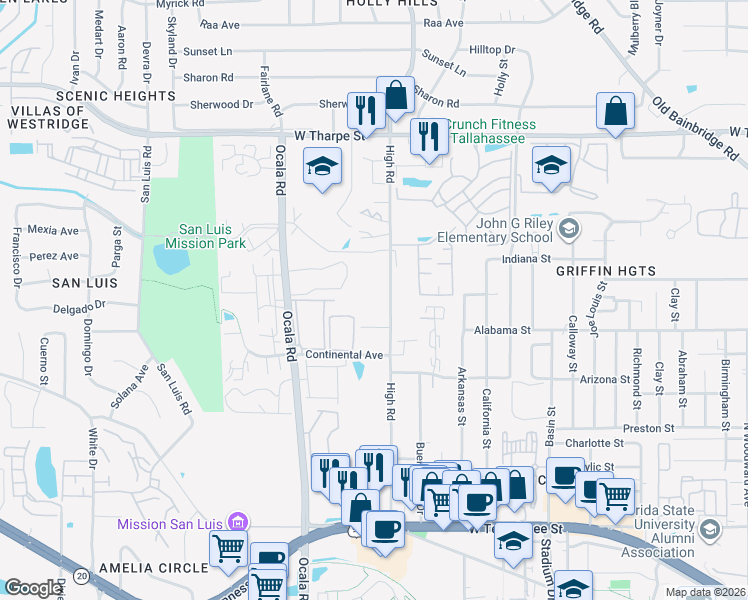 map of restaurants, bars, coffee shops, grocery stores, and more near 1282 High Road in Tallahassee