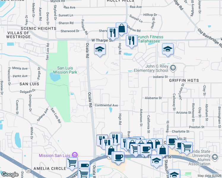 map of restaurants, bars, coffee shops, grocery stores, and more near 1296 High Road in Tallahassee