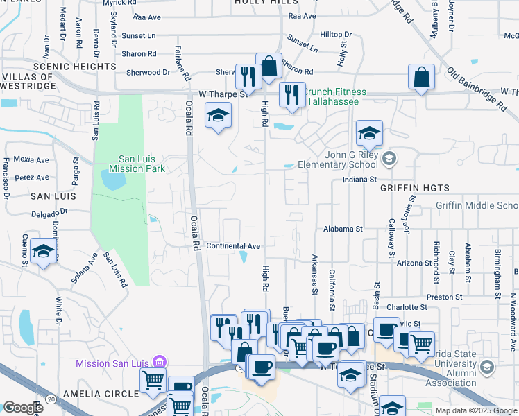 map of restaurants, bars, coffee shops, grocery stores, and more near 1272 High Road in Tallahassee