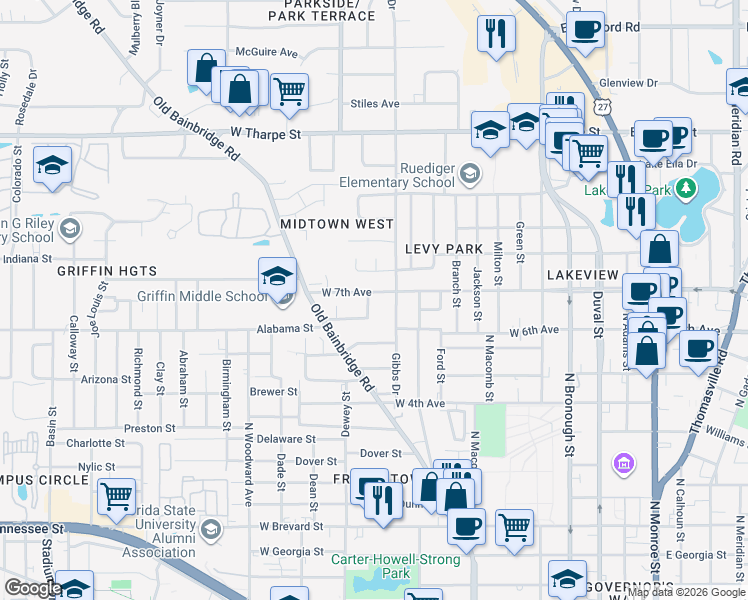 map of restaurants, bars, coffee shops, grocery stores, and more near 711 West 7th Avenue in Tallahassee