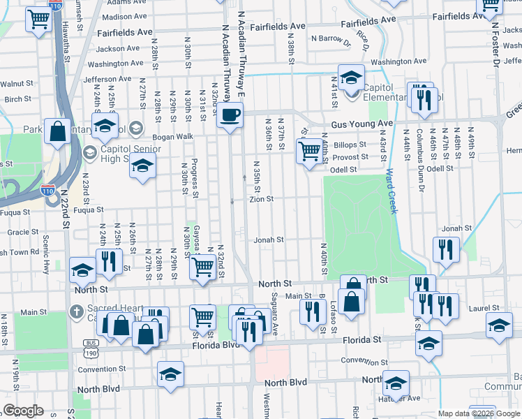 map of restaurants, bars, coffee shops, grocery stores, and more near 1036 North 36th Street in Baton Rouge