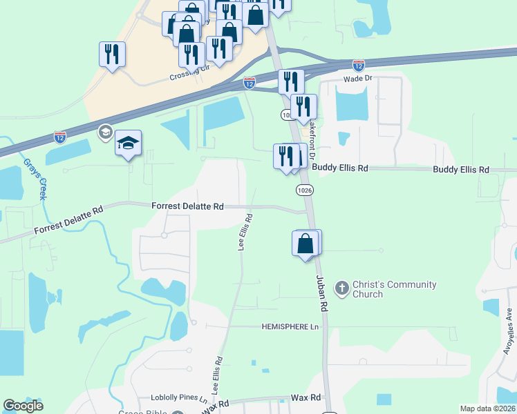 map of restaurants, bars, coffee shops, grocery stores, and more near 9935 Forrest Delatte Road in Denham Springs