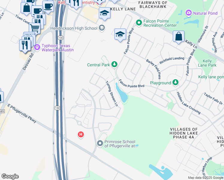 map of restaurants, bars, coffee shops, grocery stores, and more near 18201 Turning Stream Lane in Pflugerville