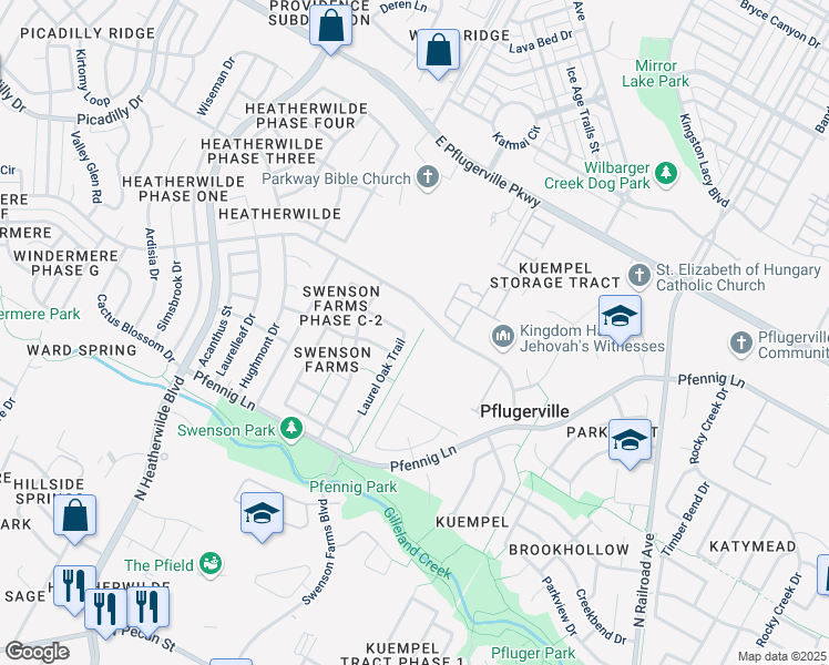 map of restaurants, bars, coffee shops, grocery stores, and more near 1217 Laurel Oak Trail in Pflugerville
