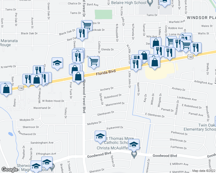 map of restaurants, bars, coffee shops, grocery stores, and more near 11575 Archery Drive in Baton Rouge