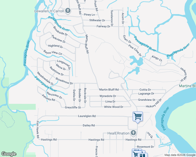 map of restaurants, bars, coffee shops, grocery stores, and more near 8004 Martin Bluff Road in Gautier