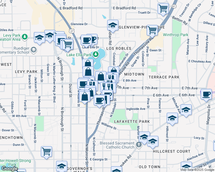 map of restaurants, bars, coffee shops, grocery stores, and more near 1334 Thomasville Road in Tallahassee