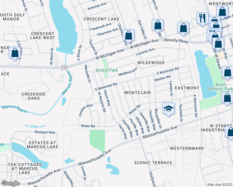 map of restaurants, bars, coffee shops, grocery stores, and more near 4525 Florelle Way in Pensacola