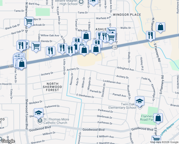 map of restaurants, bars, coffee shops, grocery stores, and more near 12286 Archery Drive in Baton Rouge