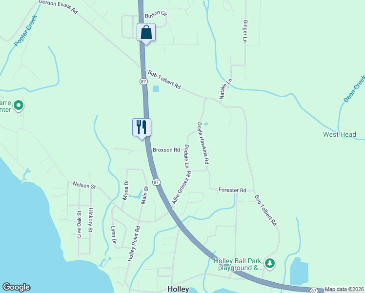 map of restaurants, bars, coffee shops, grocery stores, and more near 7560 Broxson Road in Navarre