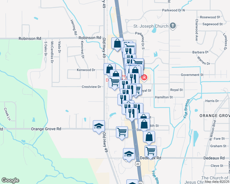 map of restaurants, bars, coffee shops, grocery stores, and more near 12057 U.S. 49 in Gulfport