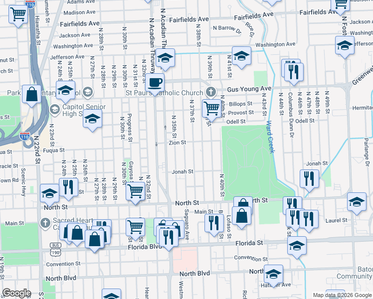 map of restaurants, bars, coffee shops, grocery stores, and more near 1036 North 36th Street in Baton Rouge