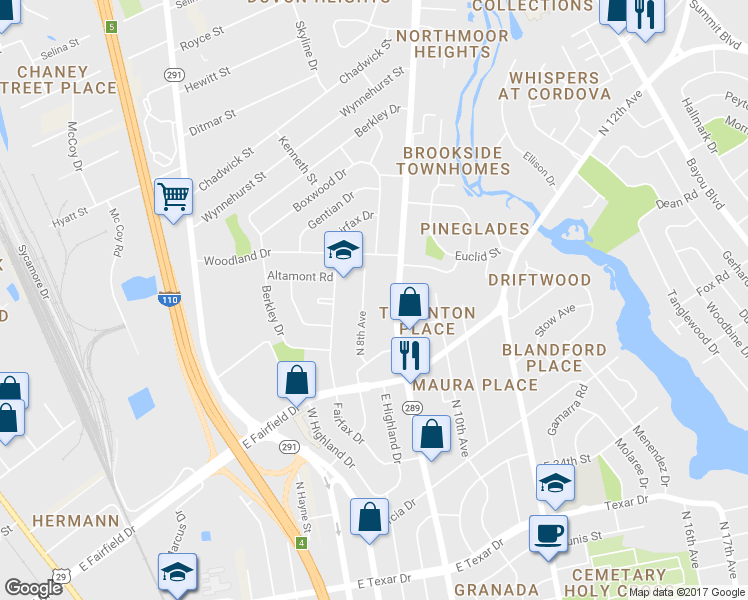 map of restaurants, bars, coffee shops, grocery stores, and more near 4034 North 8th Avenue in Pensacola