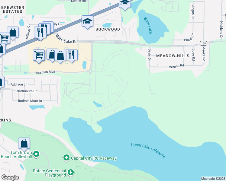 map of restaurants, bars, coffee shops, grocery stores, and more near Fallschase Parkway in Tallahassee