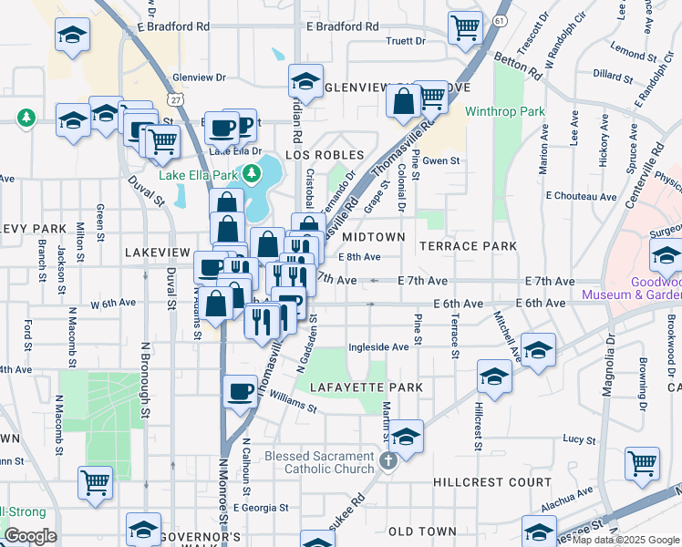 map of restaurants, bars, coffee shops, grocery stores, and more near 510 East 7th Avenue in Tallahassee