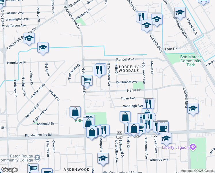map of restaurants, bars, coffee shops, grocery stores, and more near 6537 Harry Drive in Baton Rouge