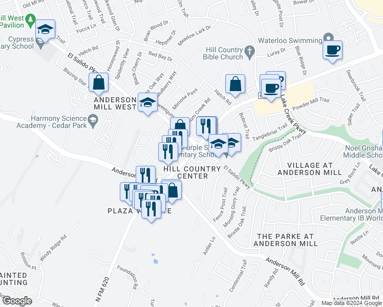 map of restaurants, bars, coffee shops, grocery stores, and more near 11723 North FM 620 in Austin