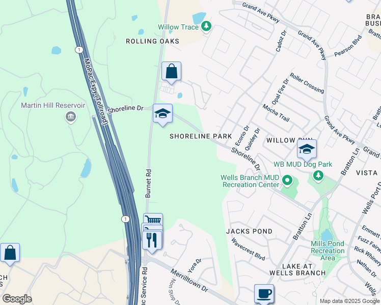 map of restaurants, bars, coffee shops, grocery stores, and more near 15201 Burnet Road in Austin