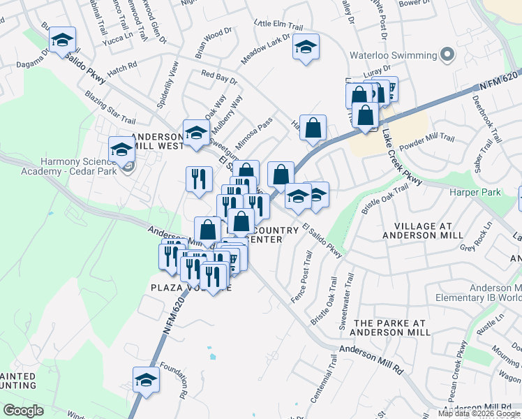 map of restaurants, bars, coffee shops, grocery stores, and more near 11723 North FM 620 in Austin