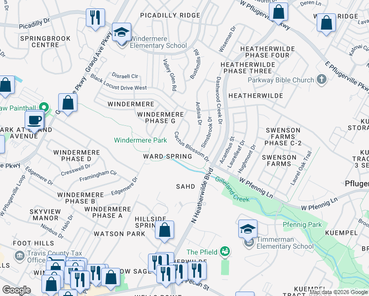 map of restaurants, bars, coffee shops, grocery stores, and more near 16916 Cactus Blossom Drive in Pflugerville