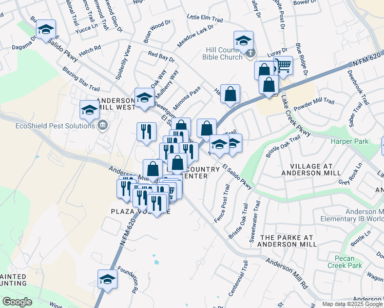 map of restaurants, bars, coffee shops, grocery stores, and more near 11723 North FM 620 in Austin