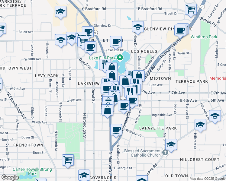 map of restaurants, bars, coffee shops, grocery stores, and more near 1353 North Monroe Street in Tallahassee