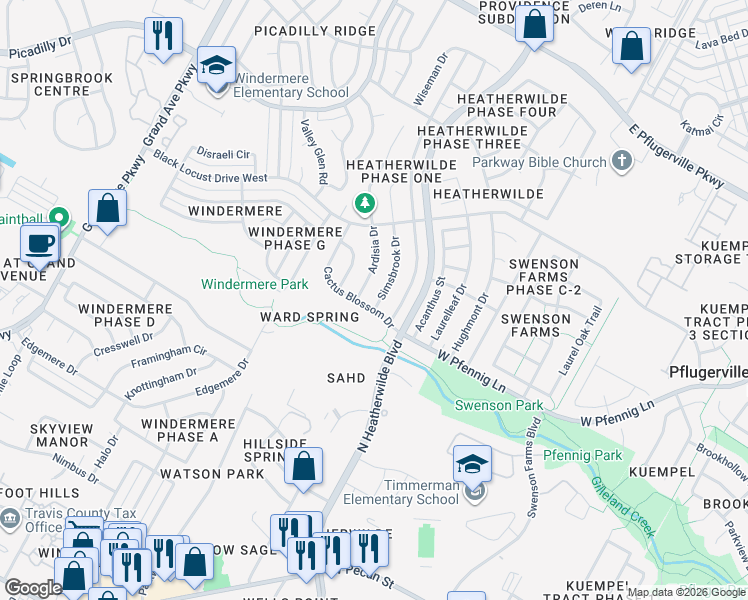 map of restaurants, bars, coffee shops, grocery stores, and more near 16902 Simsbrook Drive in Pflugerville