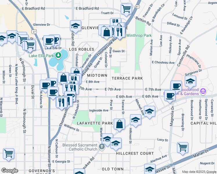 map of restaurants, bars, coffee shops, grocery stores, and more near 1335 Colonial Drive in Tallahassee