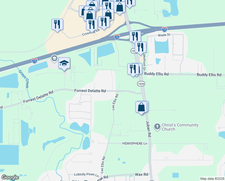 map of restaurants, bars, coffee shops, grocery stores, and more near 9973 Forrest Delatte Road in Denham Springs